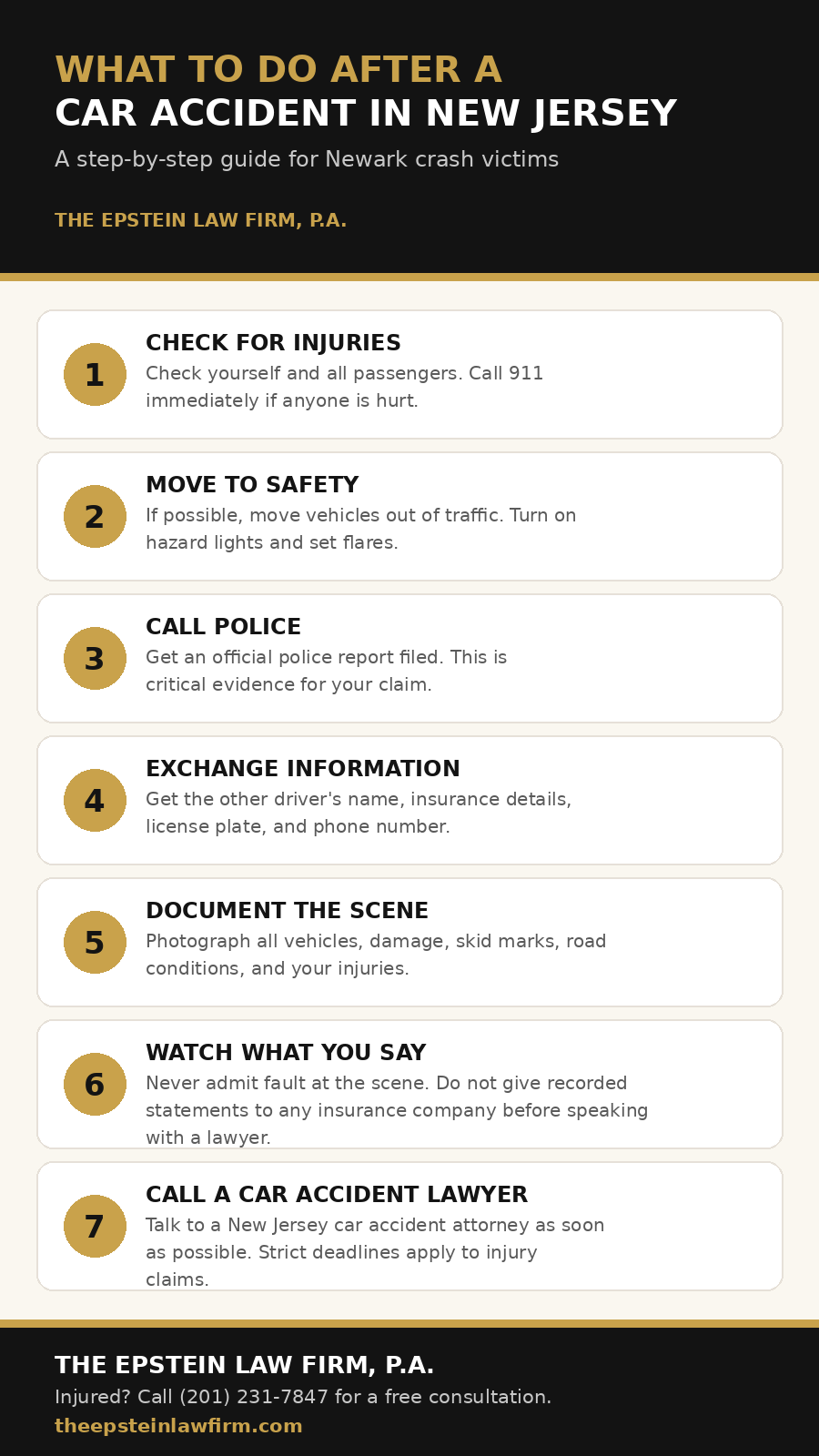 What to do after a car accident in Newark, New Jersey: 7-step checklist infographic
