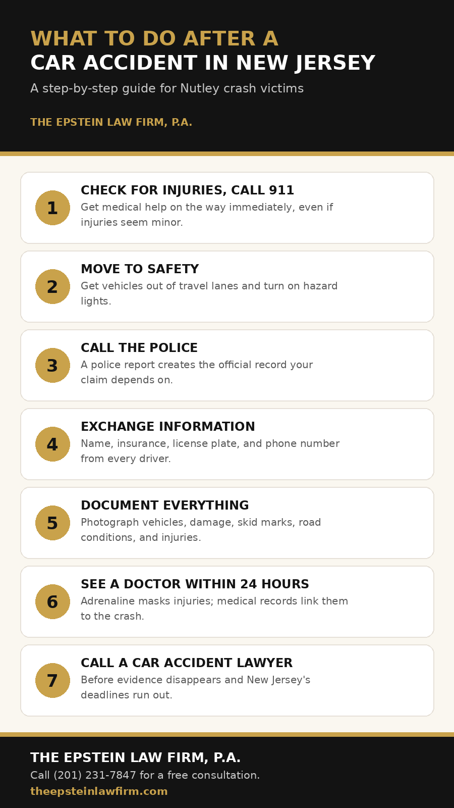What to do after a car accident in Nutley, New Jersey: 7-step checklist infographic