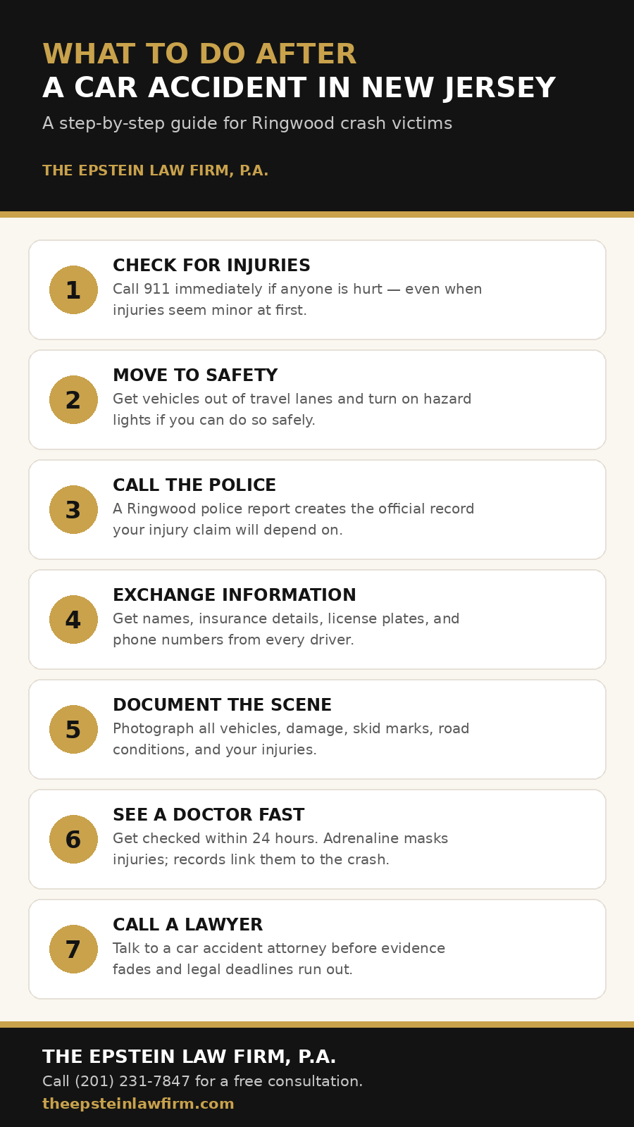 What to do after a car accident in Ringwood, New Jersey: 7-step checklist infographic