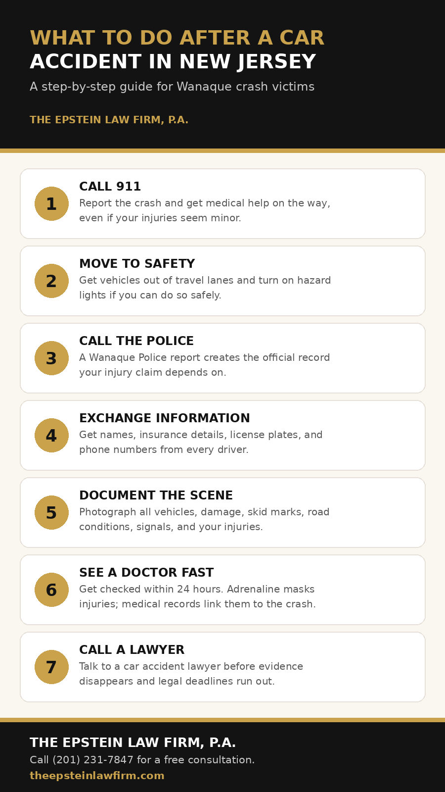 What to do after a car accident in Wanaque, New Jersey: 7-step checklist infographic