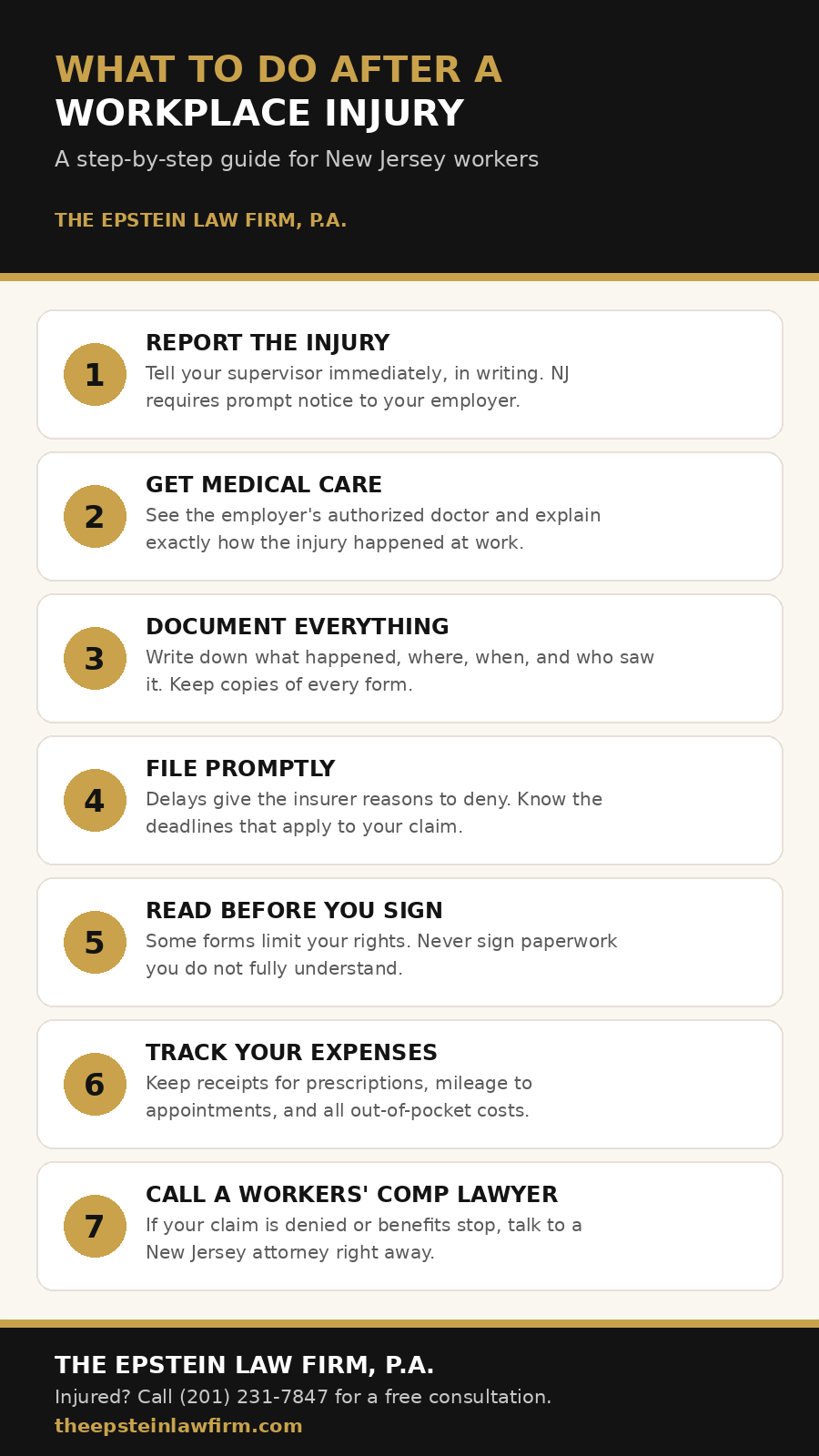 What to do after a workplace injury in New Jersey: 7-step checklist infographic