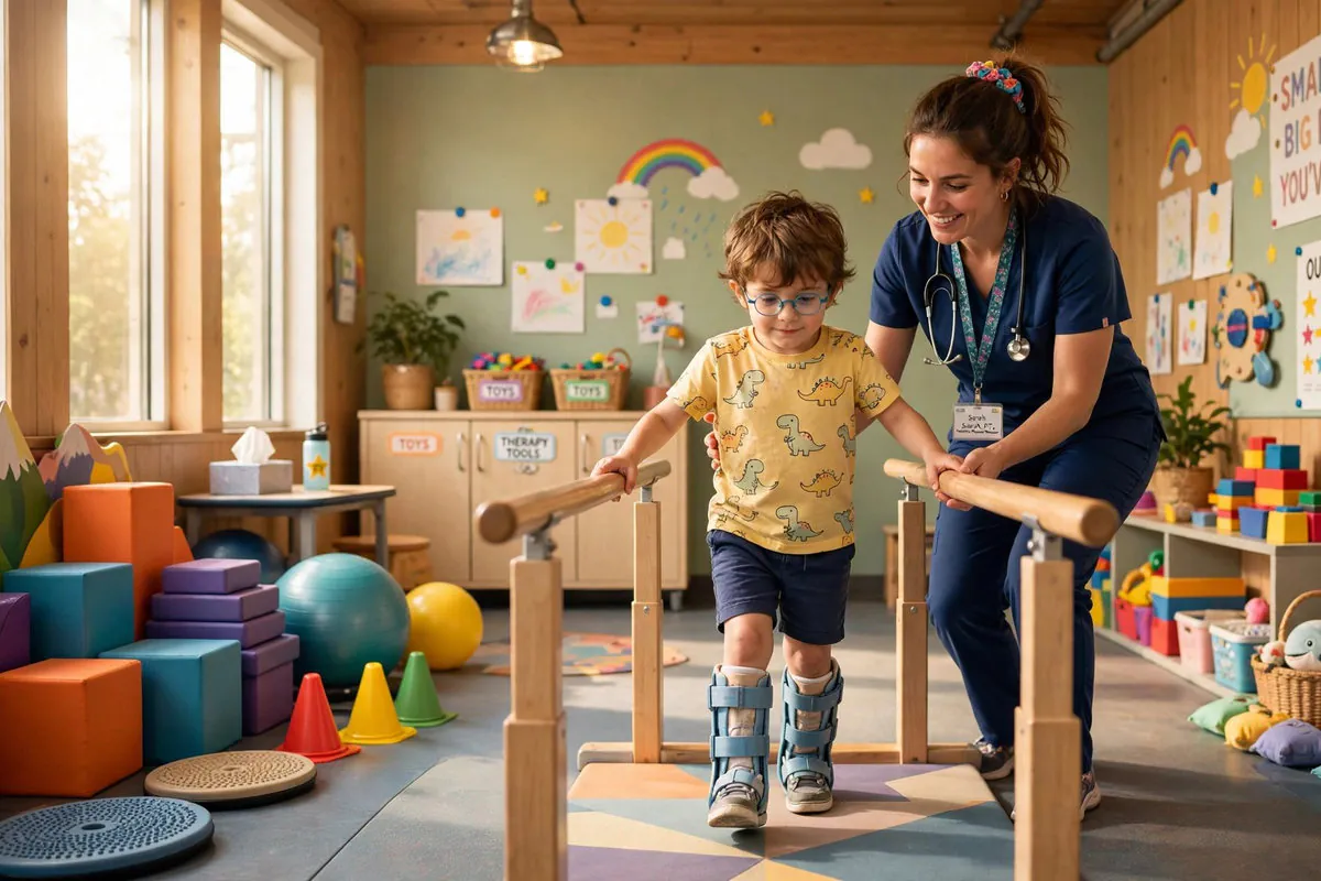 Child with cerebral palsy practicing steps with a physical therapist