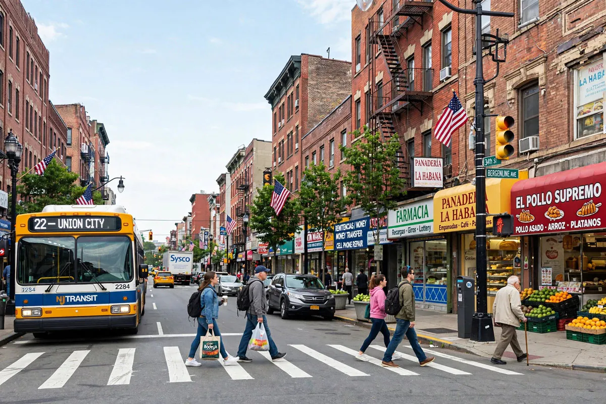 Bergenline Avenue shopping corridor in Union City, New Jersey with pedestrians