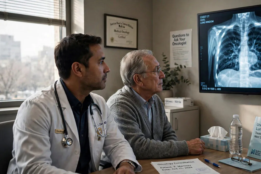 Oncologist reviewing a chest scan with a patient during a consultation