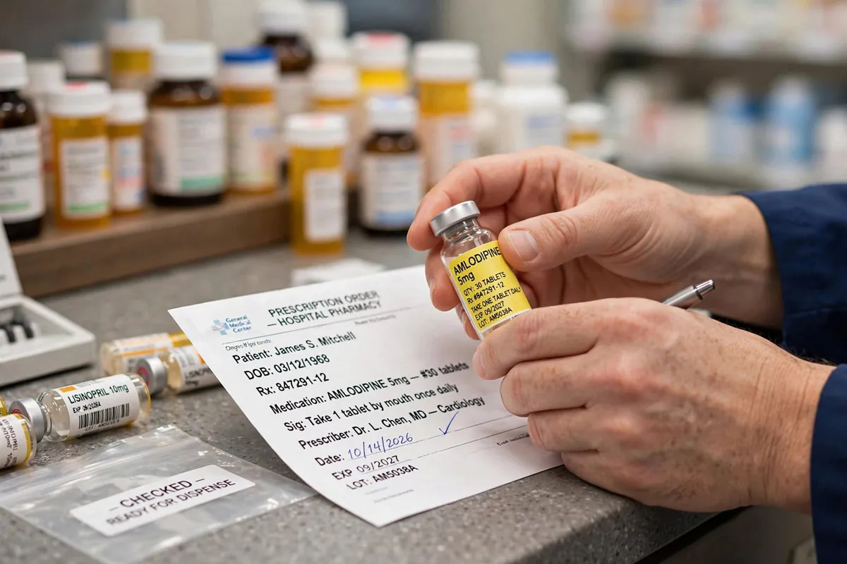 Hospital pharmacist checking labeled medication vials against a prescription order