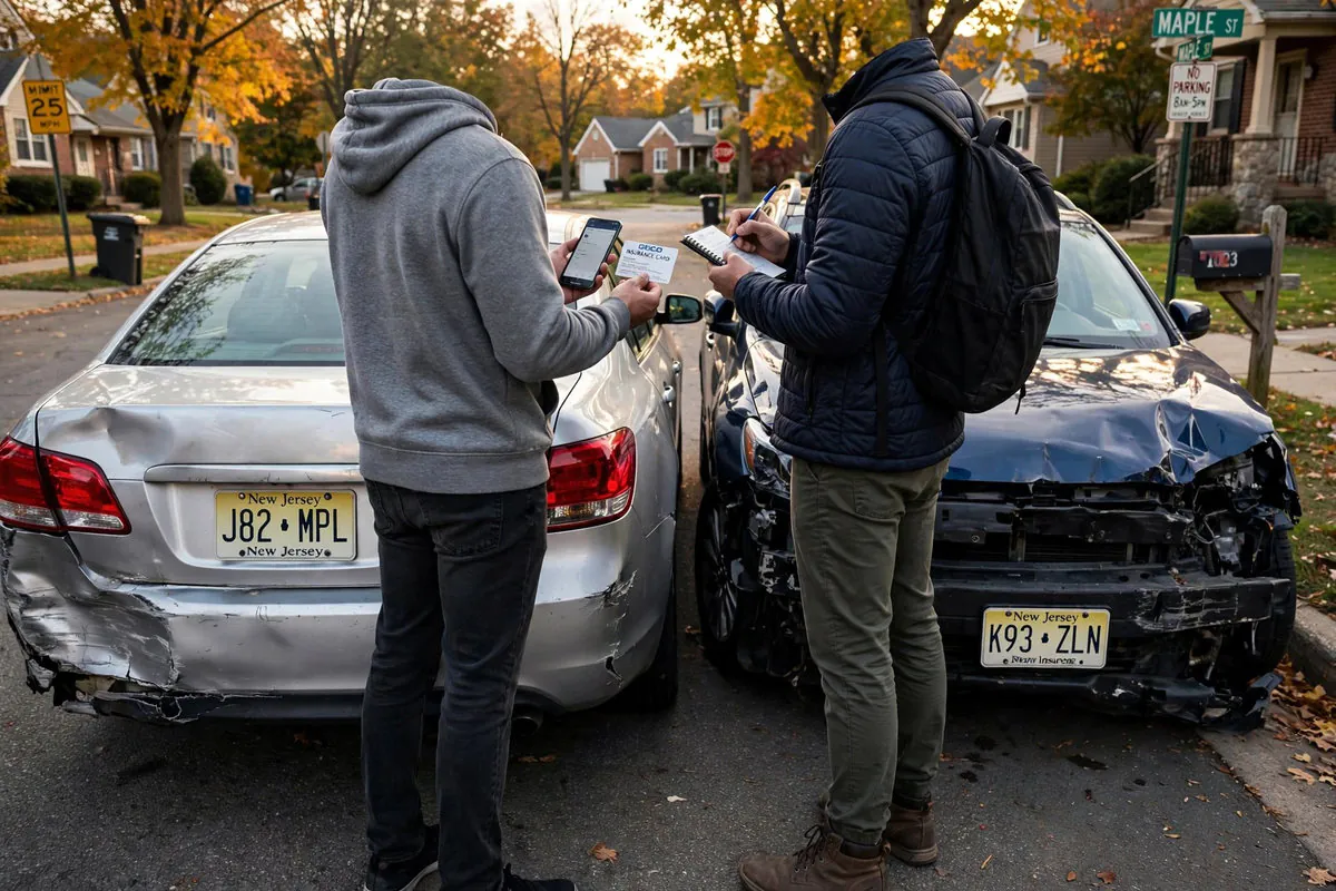 Driver exchanging insurance information after a minor collision on a New Jersey street