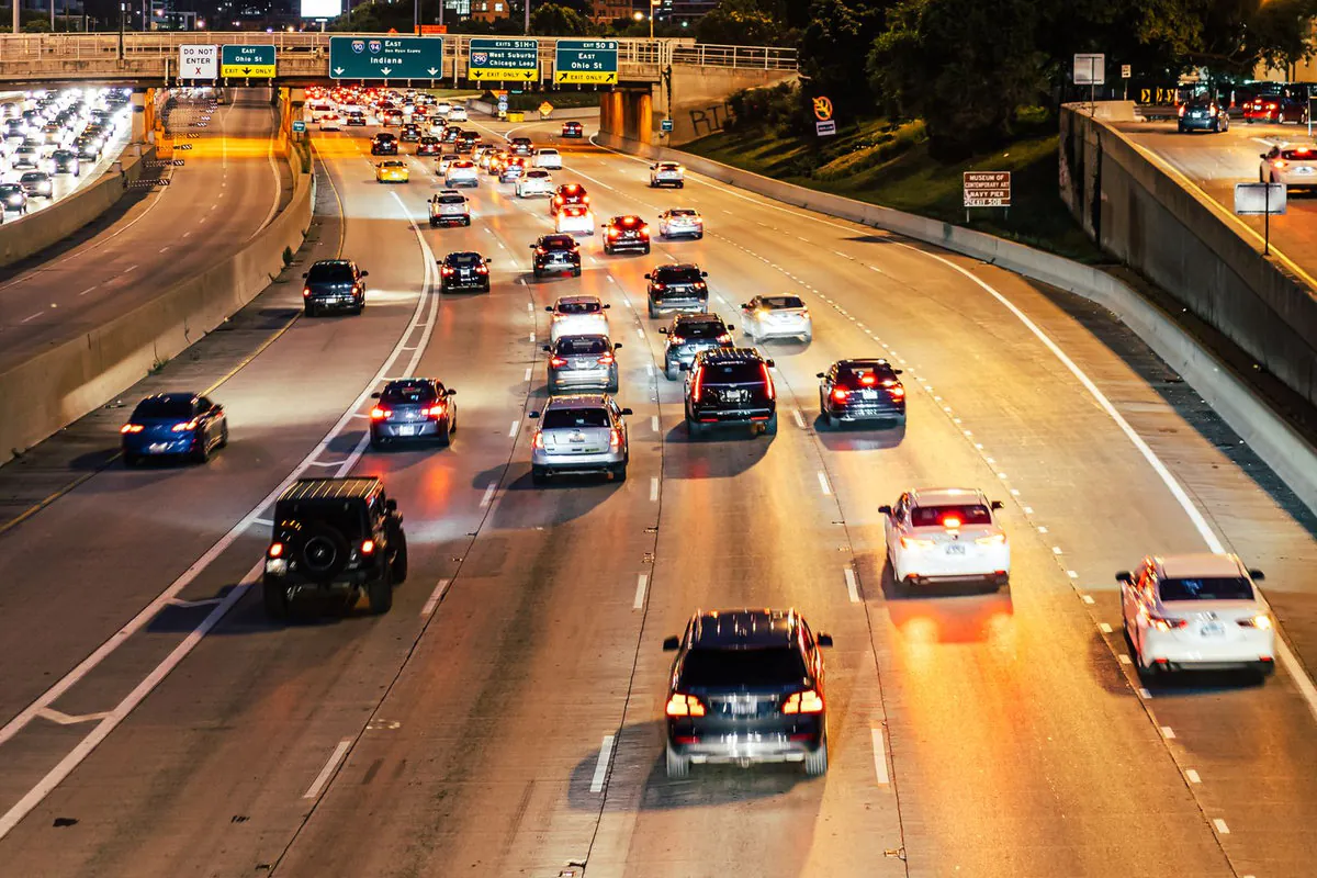 Interstate highway traffic flowing at night