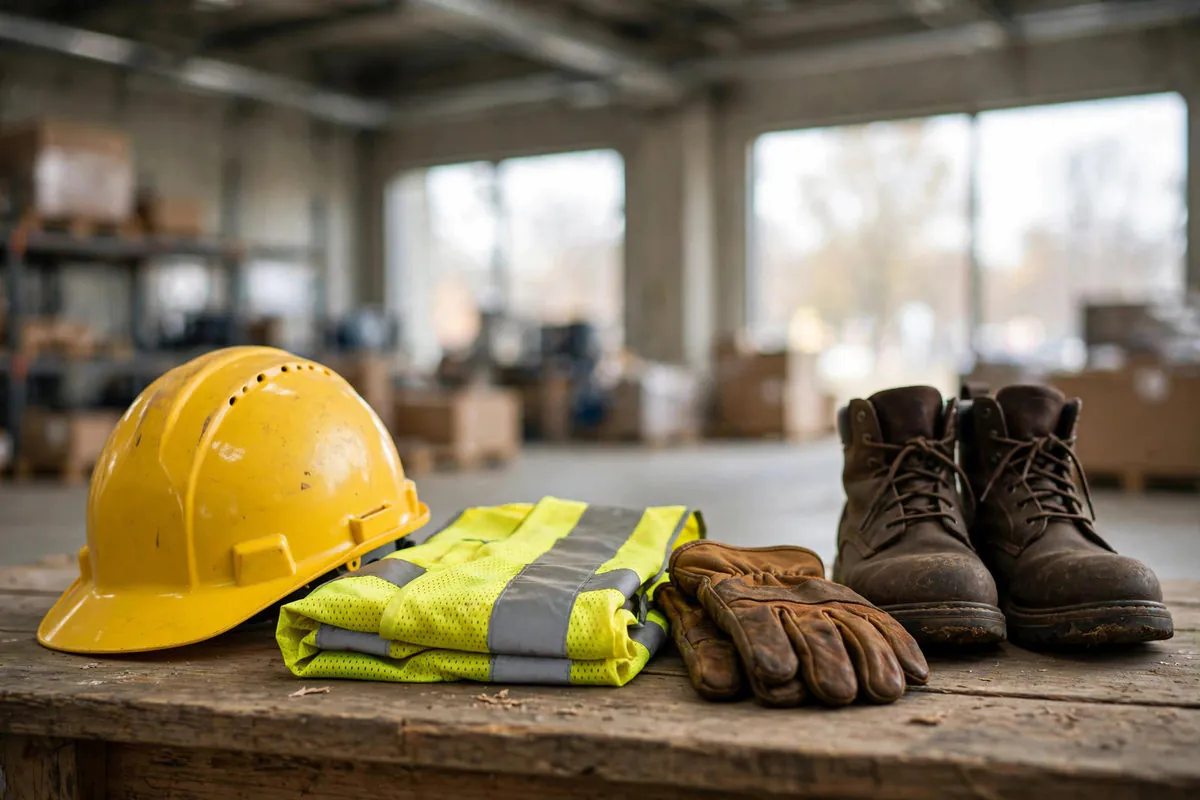 Construction PPE - hard hat, high-visibility vest, work gloves and boots - laid out on a warehouse workbench in Hackensack, NJ