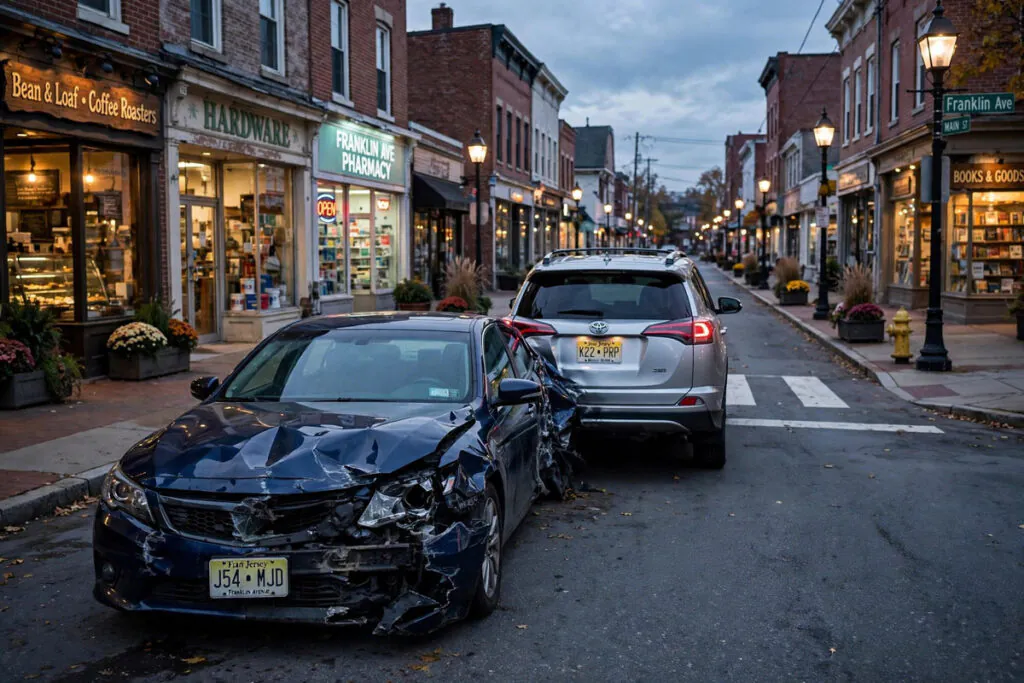 Two cars stopped after a rear-end collision on a Nutley, New Jersey main street at dusk