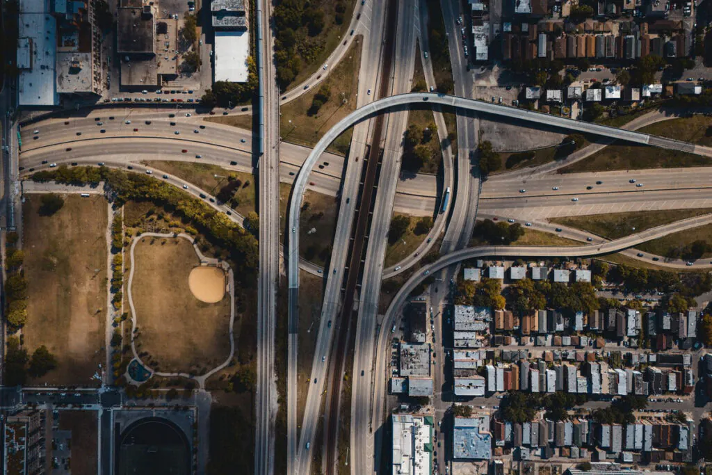 Aerial view of a busy highway interchange