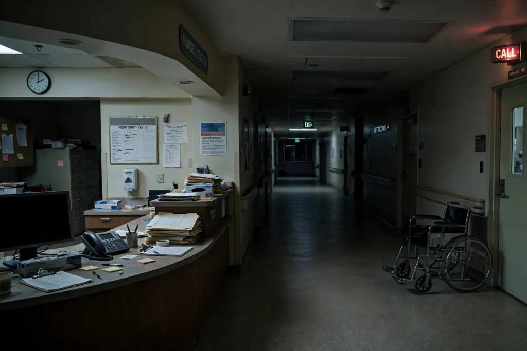 Quiet hospital corridor at night with an empty nurses station and a wheelchair