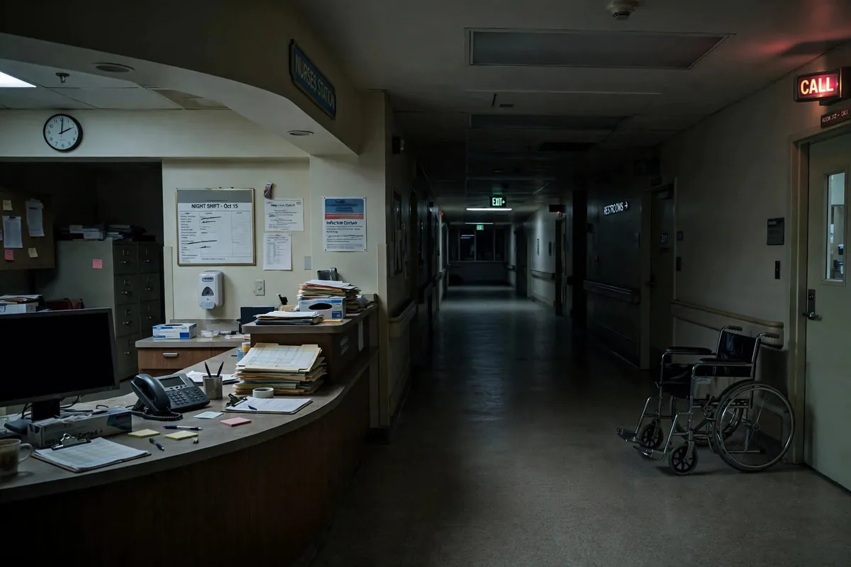 Quiet hospital corridor at night with an empty nurses station and a wheelchair