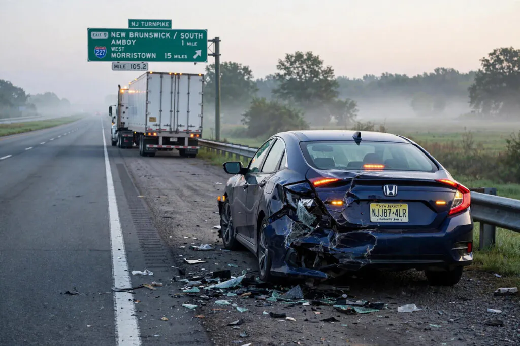 Damaged passenger car beside a tractor-trailer on a New Jersey highway shoulder