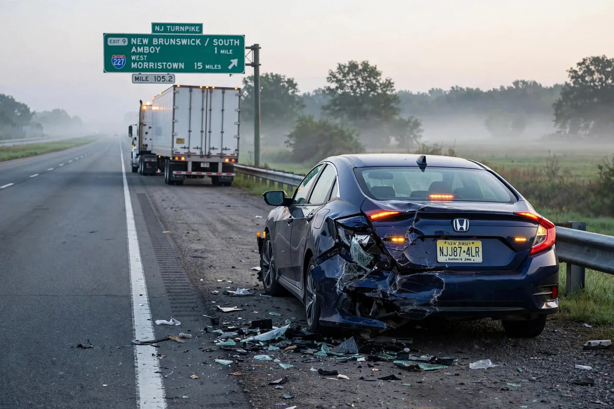 Damaged passenger car beside a tractor-trailer on a New Jersey highway shoulder