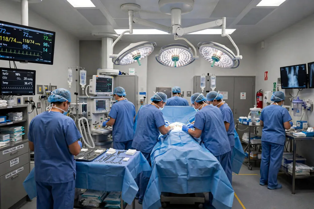 Surgical team operating under bright lights in a New Jersey hospital operating room