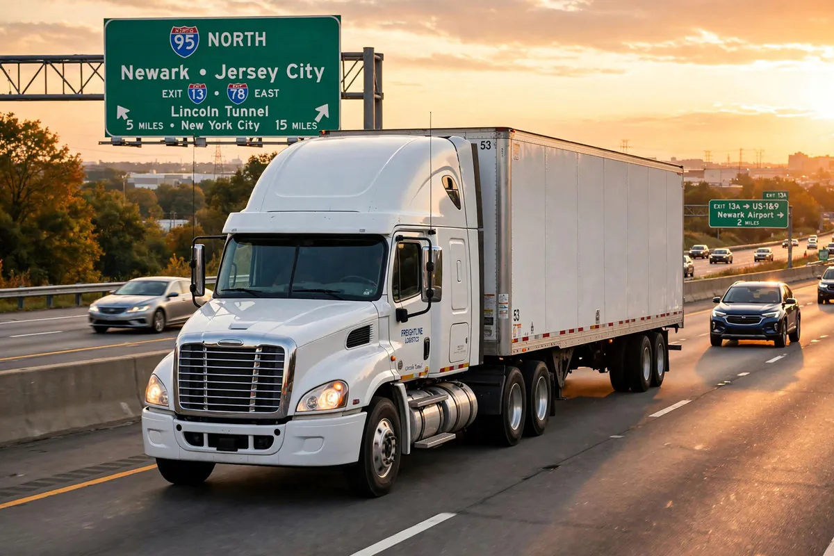 Tractor-trailer truck traveling on a New Jersey highway beside passenger cars