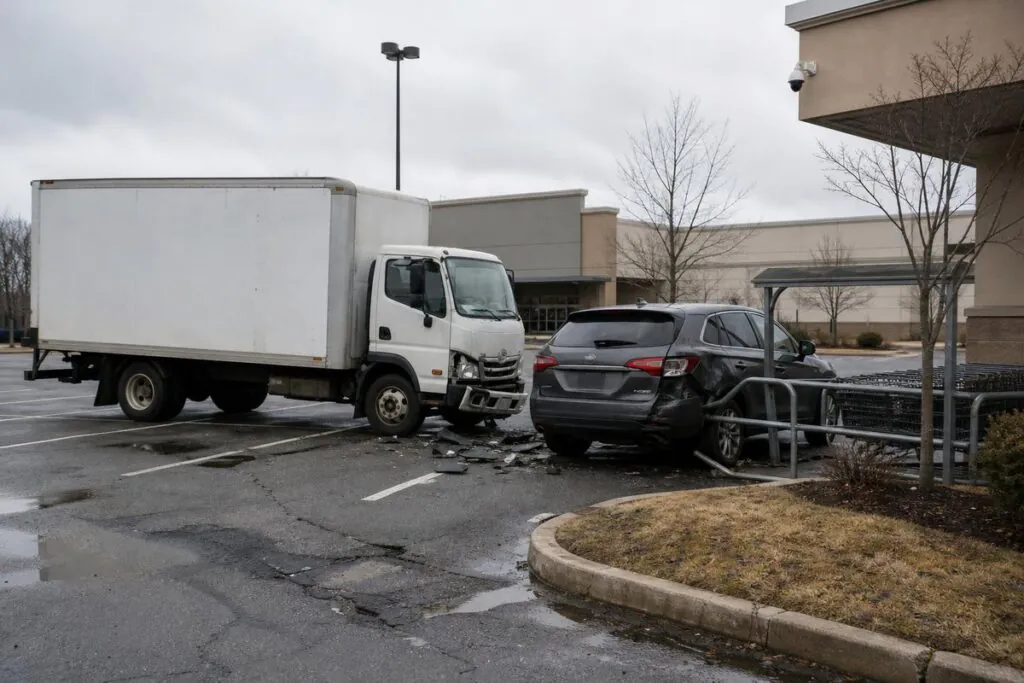 A white box delivery truck and a dark SUV with visible crash damage in a retail parking lot near a shopping cart corral and storefront building on an overcast d