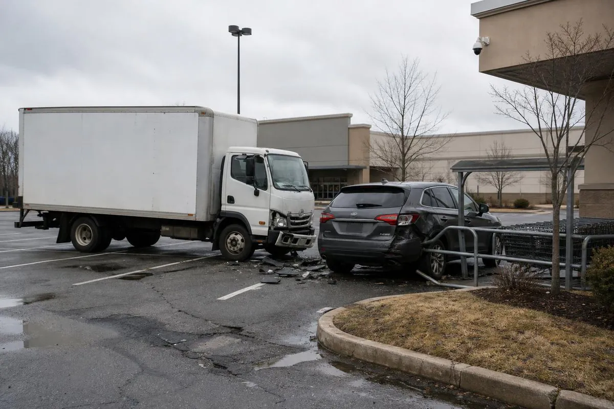 A white box delivery truck and a dark SUV with visible crash damage in a retail parking lot near a shopping cart corral and storefront building on an overcast d