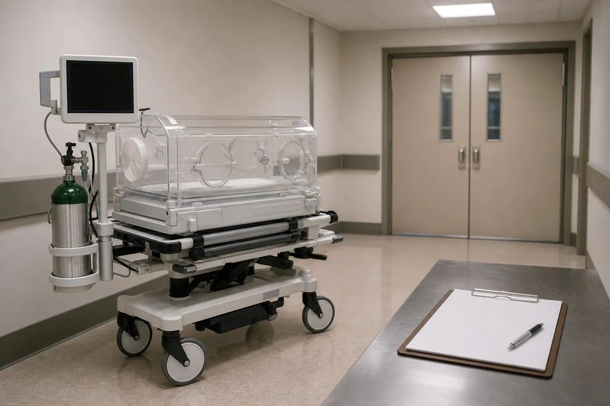 Empty hospital corridor with a neonatal transport incubator on a wheeled cart and a clipboard with a blank sheet and pen on a table near closed double doors.