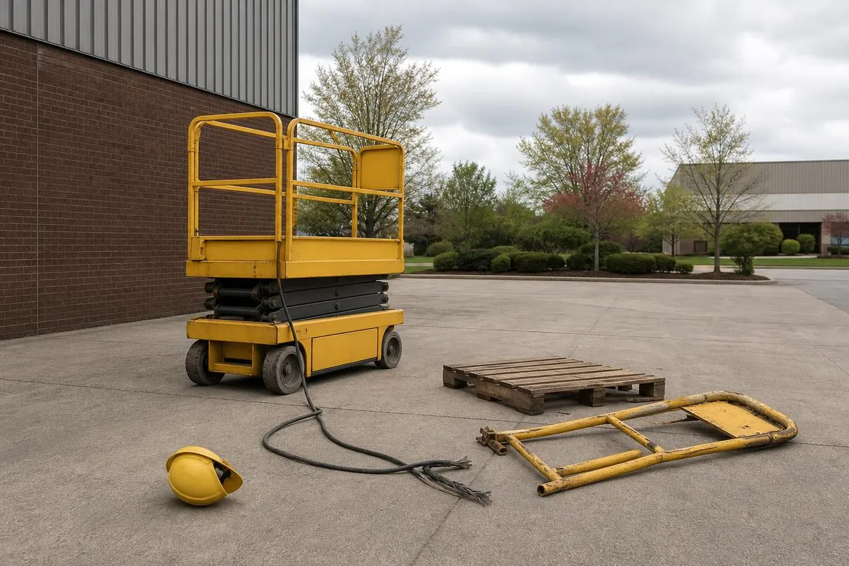 Yellow scissor lift parked beside a warehouse wall on a paved lot, with a fallen yellow guardrail, a hard hat on the ground, a wooden pallet, and a damaged cabl
