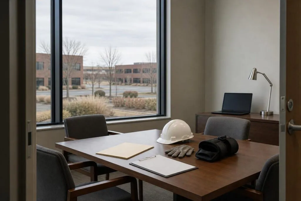 Empty office conference room with a table holding a white hard hat, work gloves, a clipboard, and a folder; a laptop and desk lamp sit on a side cabinet, with l