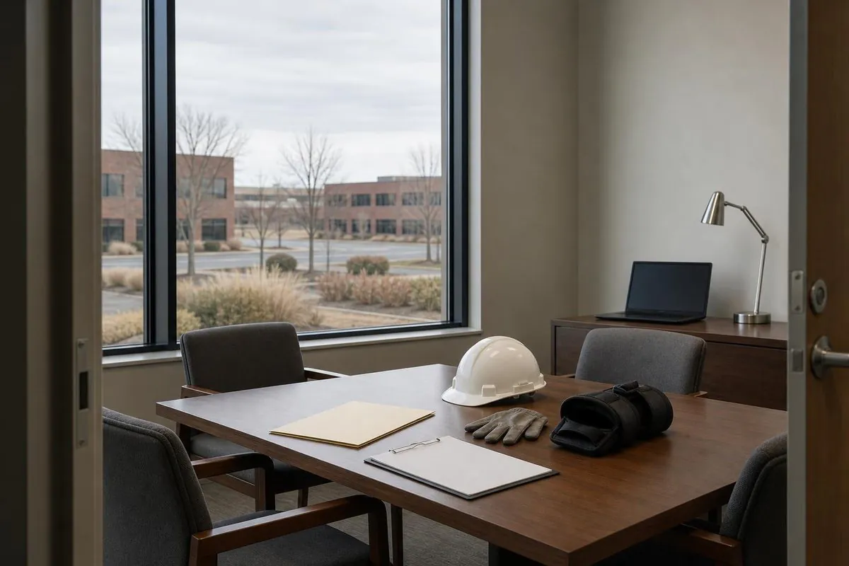Empty office conference room with a table holding a white hard hat, work gloves, a clipboard, and a folder; a laptop and desk lamp sit on a side cabinet, with l