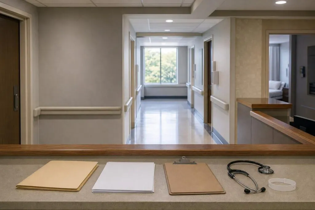 Empty hospital or clinic corridor viewed from a reception counter, with folders, papers on a clipboard, and a stethoscope on the countertop; no people are prese