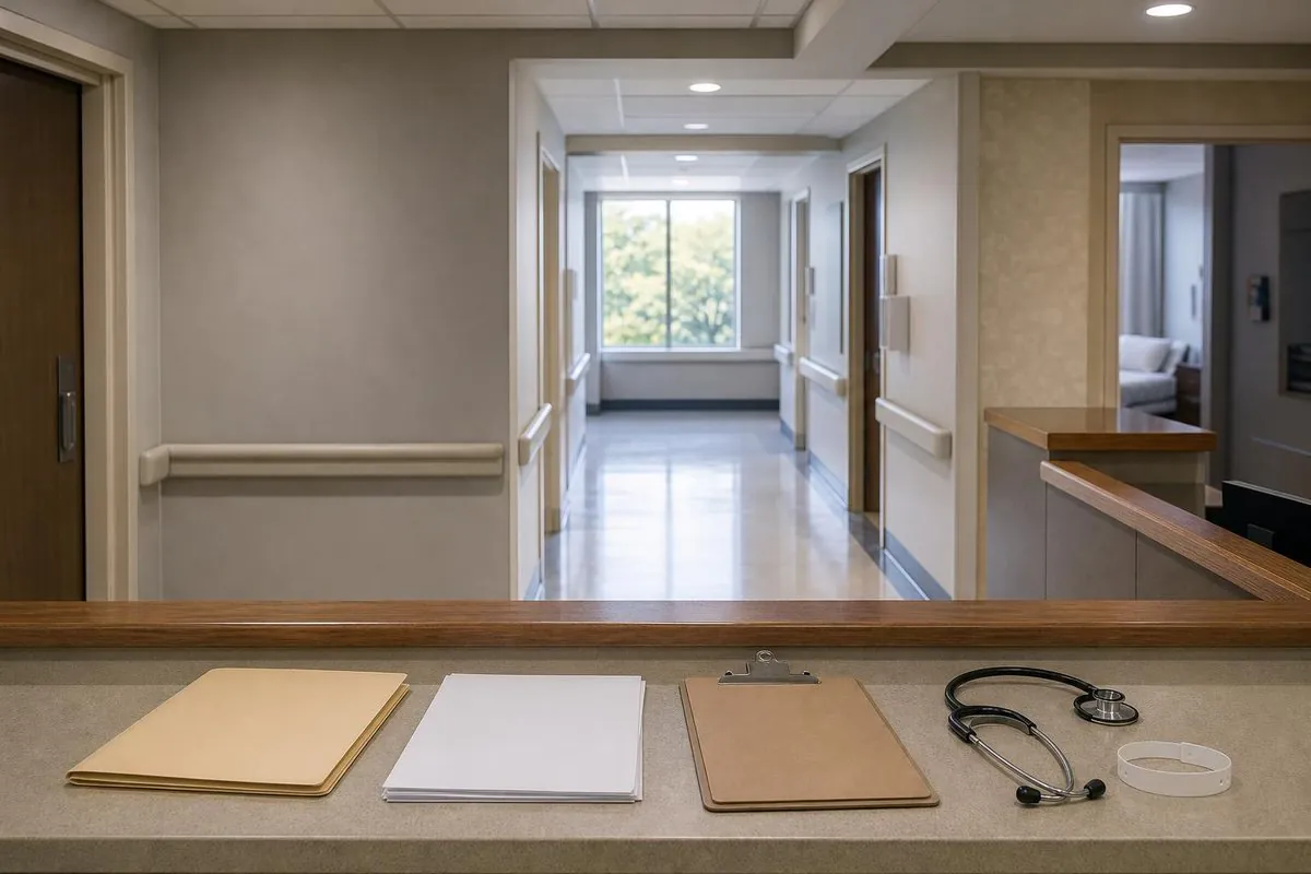 Empty hospital or clinic corridor viewed from a reception counter, with folders, papers on a clipboard, and a stethoscope on the countertop; no people are prese