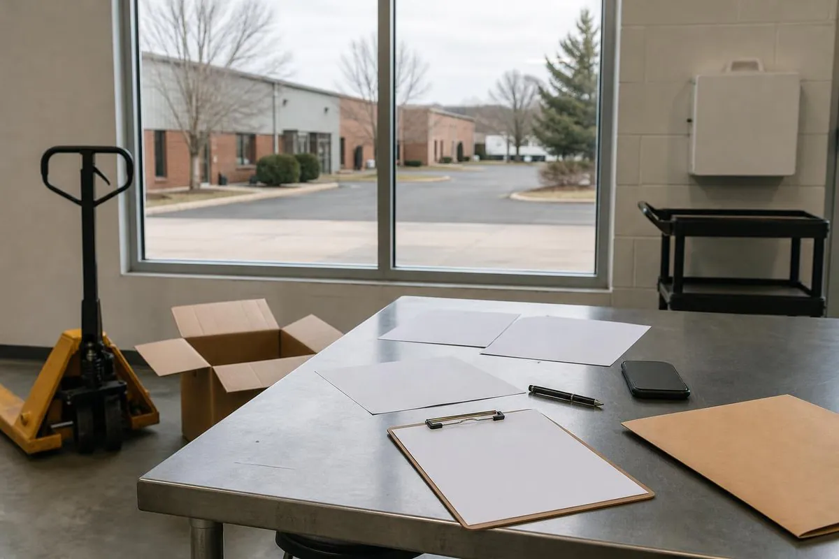 Industrial warehouse office area with a metal table holding blank paperwork on clipboards, a pen, a phone, and an envelope; a pallet jack and open cardboard box