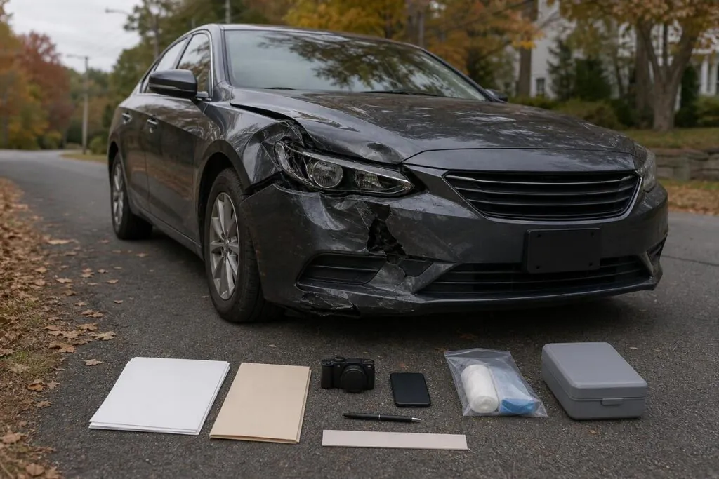 Damaged dark sedan parked on a quiet suburban road with autumn trees; in the foreground are a camera, smartphone, pen, folders or papers, and a small first-aid