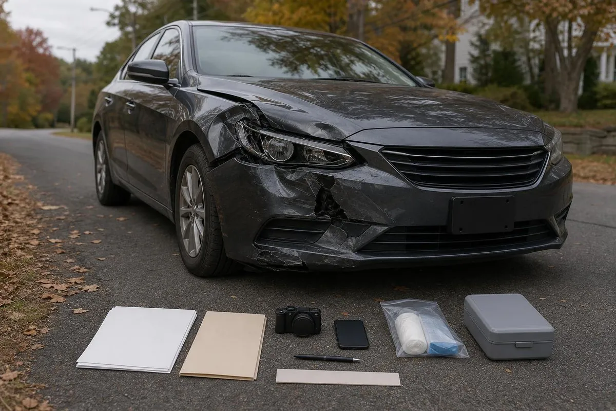 Damaged dark sedan parked on a quiet suburban road with autumn trees; in the foreground are a camera, smartphone, pen, folders or papers, and a small first-aid