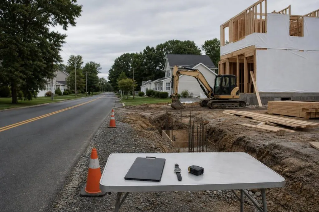Roadside residential construction site with a trench and rebar, a small excavator next to a partially framed building, and a folding table in the foreground hol