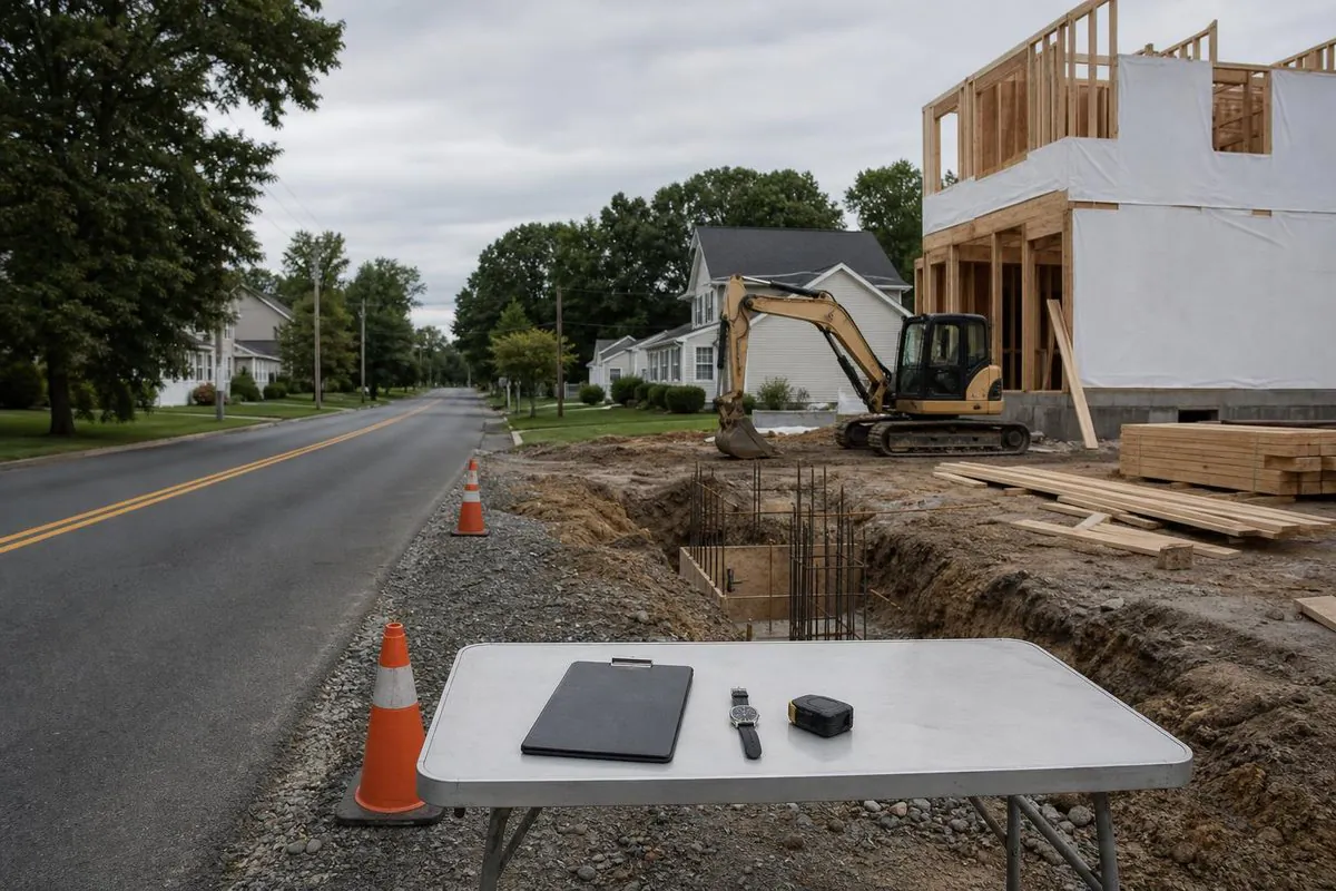 Roadside residential construction site with a trench and rebar, a small excavator next to a partially framed building, and a folding table in the foreground hol