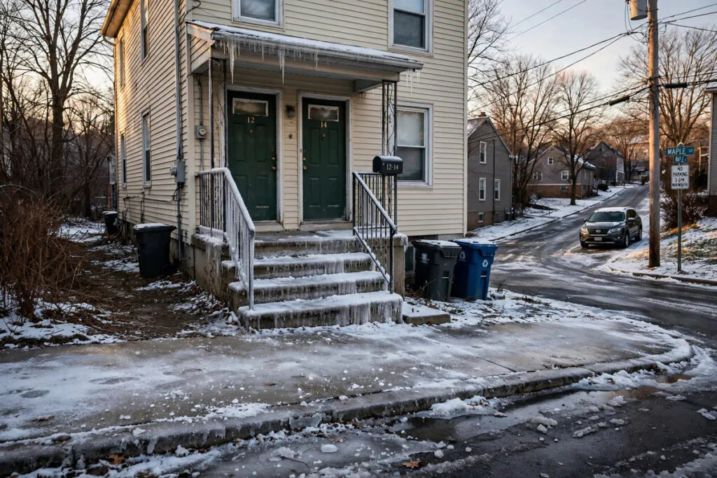 Icy front steps and sidewalk of a two-family house on a sloped residential street in Haledon, New Jersey in winter
