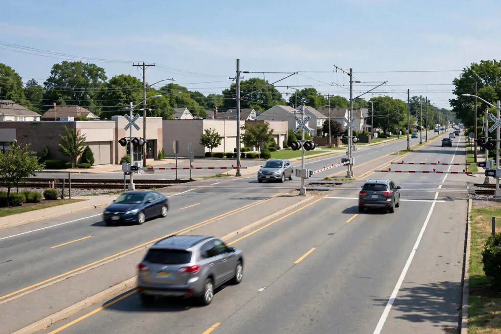 Cars passing a commuter rail crossing in Linden, New Jersey
