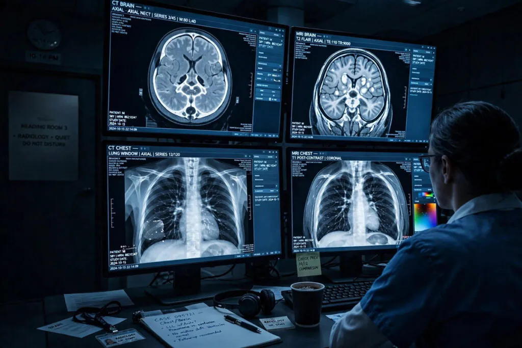 Radiologist reviewing CT and MRI scans on large monitors in a dark reading room